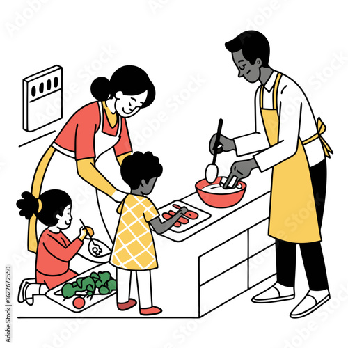 Diverse family cooking together in the kitchen with parents and children preparing food and learning new skills