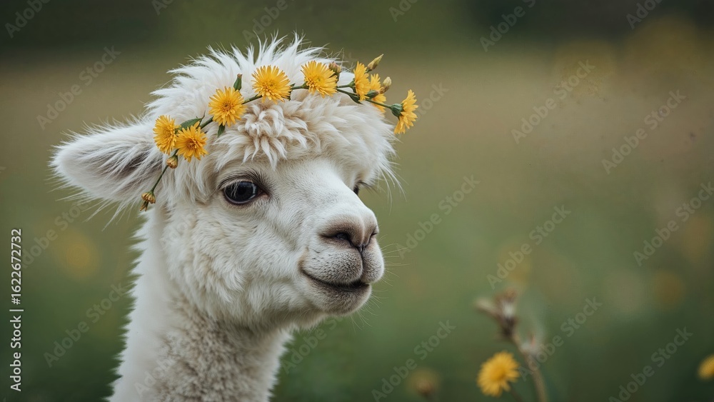 Obraz premium Beautiful white alpaca wearing a wreath made of dandelion blossoms, a camelid from South America