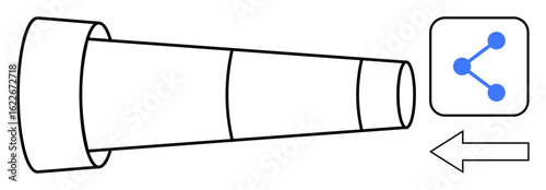 Collapsible telescope next to a sharing icon with connection lines and an arrow pointing left. Ideal for discovery, vision, connection, direction, innovation, communication, simple landing page
