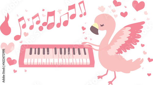Cute Pink Flamingo Playing Piano with Music Notes and Hearts