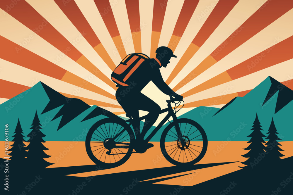 Fototapeta premium Retro Mountain Biker Illustration Silhouette of Cyclist Riding Through a Scenic Landscape with Mountains