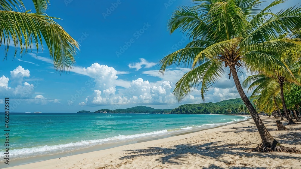Fototapeta premium Sunlit beachscape with lush palms, clear skies, and bright turquoise sea