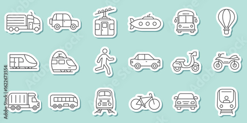 Transport sticker icon set in line stroke flat style. Transportation vector illustration on isolated background. Vehicle sign business concept.