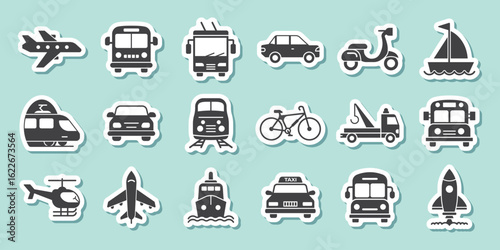 Transport sticker icon set collection in flat style. Transportation vector illustration on isolated background. Vehicle sign business concept.