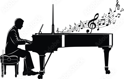 Silhouette of pianist performing on grand piano with musical notes flowing, creative black and white music-themed design for illustrations