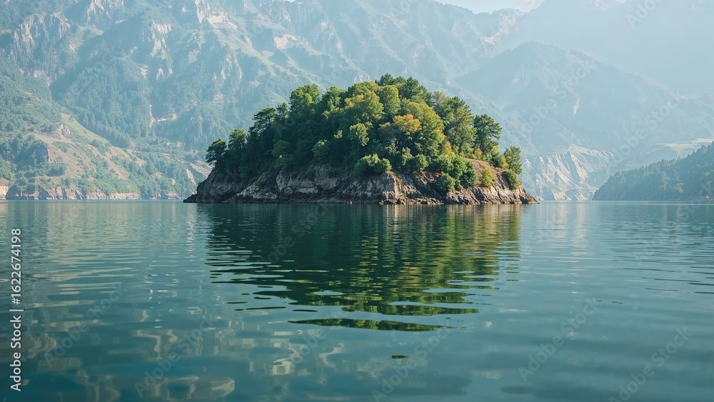 Fototapeta premium Dam reservoir showcasing reflection of green island