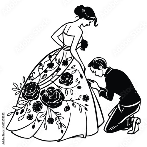 Elegant black and white illustration of a man on one knee and a bride with a floral dress