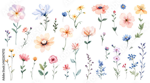 A beautiful spring floral design featuring a red poppy bouquet and green leaf patterns on a white background, creating a vibrant nature illustration perfect for a garden blossom decoration card