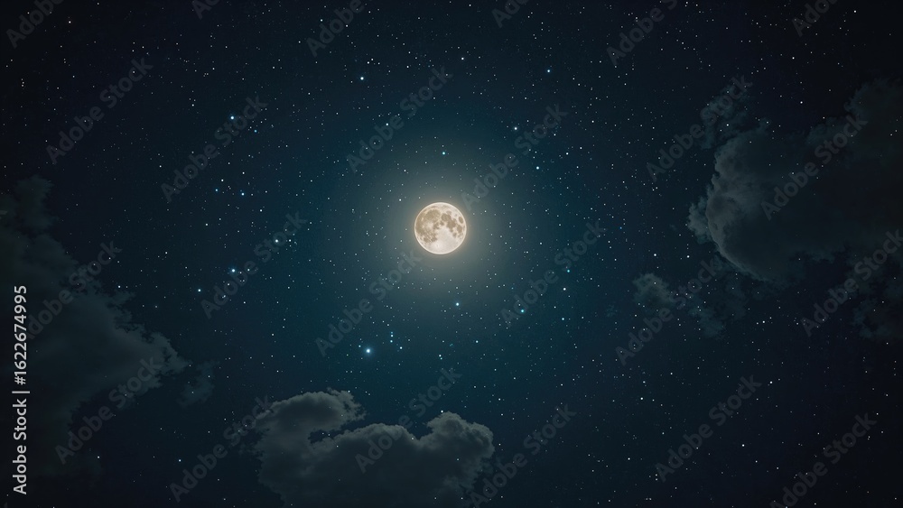Fototapeta premium Enchanted nocturnal sky featuring a bright full moon, drifting clouds, and sparkling stars with empty space for text.