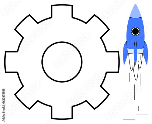 Large gear alongside a blue rocket launching upward. Ideal for innovation, progress, start-up, engineering, development, technology, workflow. Minimalist flat metaphor