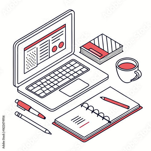 Isometric illustration of a modern desk setup with a laptop notebook pens book and coffee cup