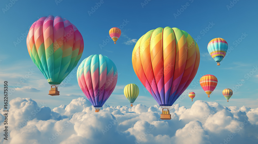 Obraz premium Rainbow Hot Air Balloons Soaring Above Clouds