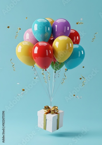 Colorful Balloons with Gift Box and Confetti on Blue Background