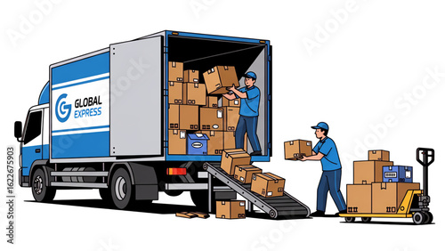 Illustration of delivery workers unloading cardboard boxes from a cargo truck with a ramp
