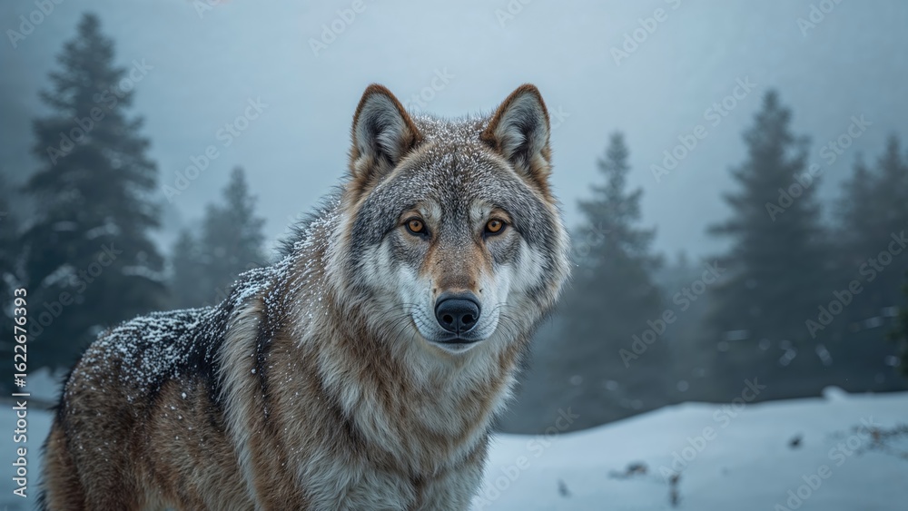 Fototapeta premium A lone grey wolf amidst a snowy winter backdrop