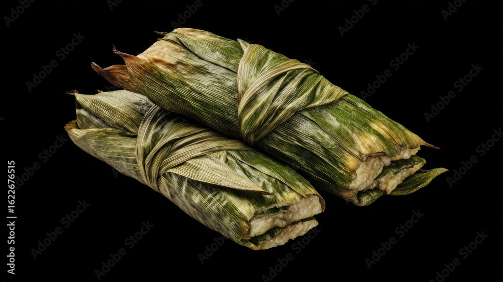 Naklejka premium Deliciously wrapped rice delicacies, a cultural culinary exploration presented