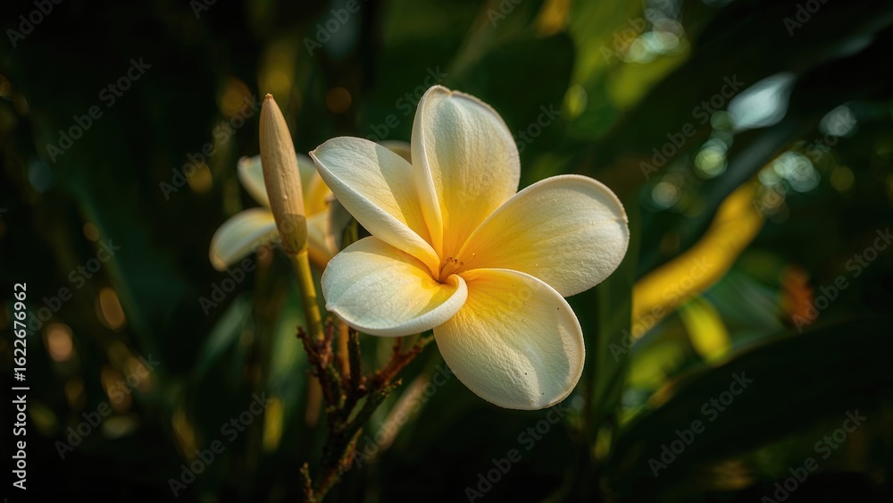 Obraz premium The unique elegance and captivating fragrance of the Yellow White Frangipani (Plumeria alba) highlight its exceptional natural allure.