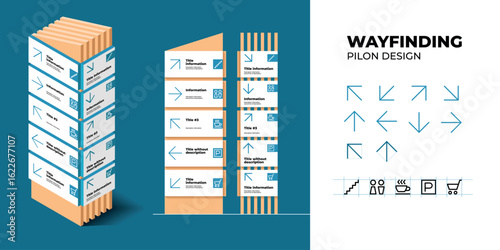 Wayfinding wood pylon design for indoor and outdoor navigation with isometry, front and profile projection with arrows icons and titles.