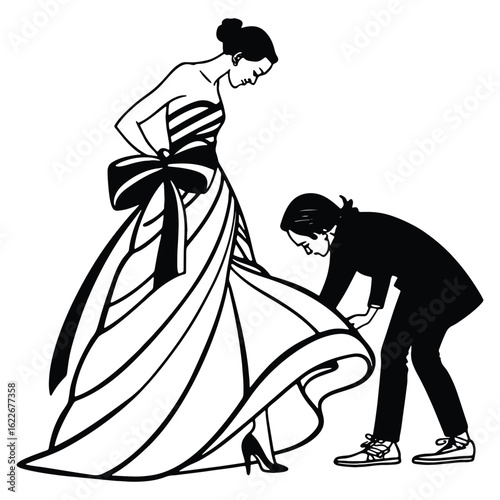 Fashion illustration of a woman in a formal gown with a man adjusting her dress train