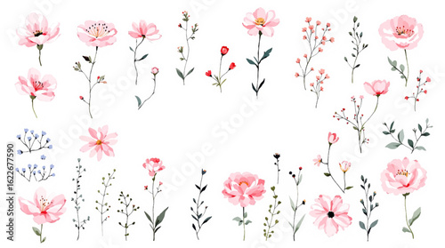 Vector illustration of a Christmas holiday background with a set of colorful floral design elements, symbols, and text decorationPink floral background with cherry blossoms and spring leaves pattern