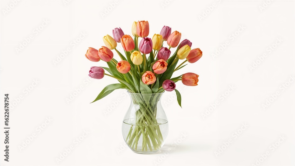 Fototapeta premium Brightly hued tulips placed in a transparent vase on a neutral background