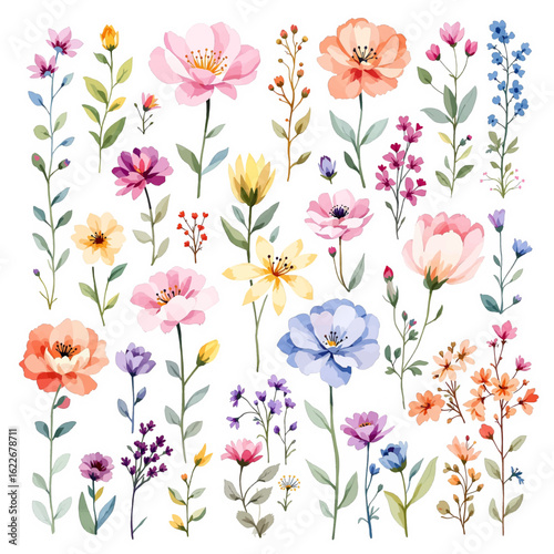 Colorful spring flowers, Set of watercolor flowers