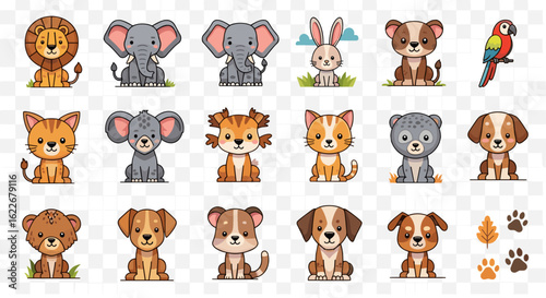 A cute set of funny cartoon animal characters like a dog, cat, and giraffe with a bear, lion, and elephant in a vector illustration