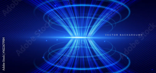 Abstract blue curve lines glowing with lighting sparkle on blue background.