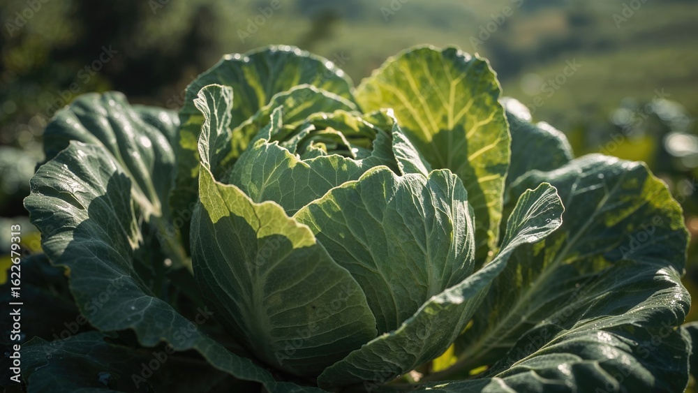 Fototapeta premium Close-up of fresh white cabbage thriving under strong sunlight in farmland