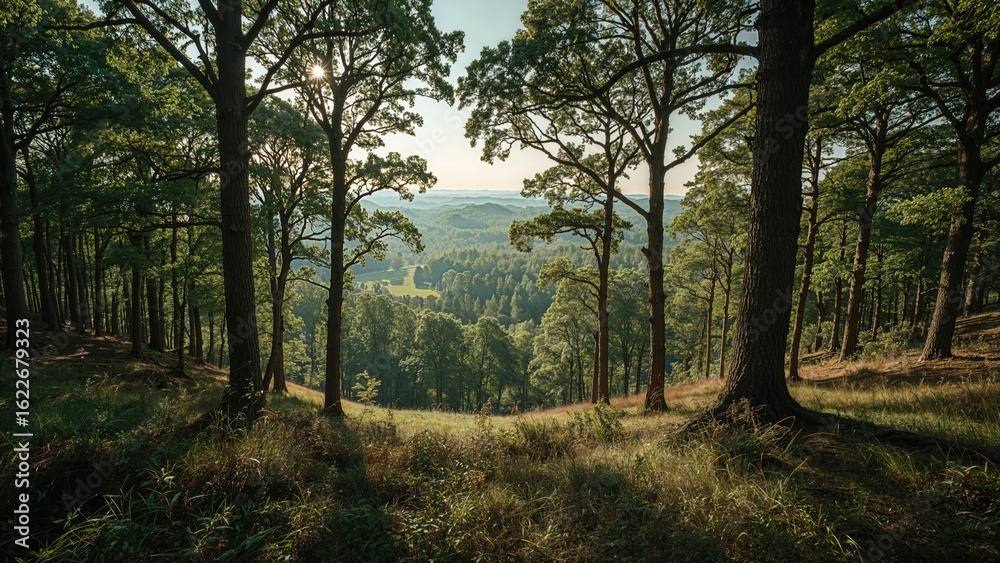 Naklejka premium Wide-angle shot capturing rich forest landscape
