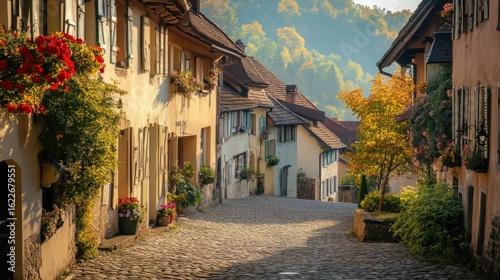 Charming Cobblestone Street in Eguisheim, France, with Colorful Flowers and Autumnal Trees