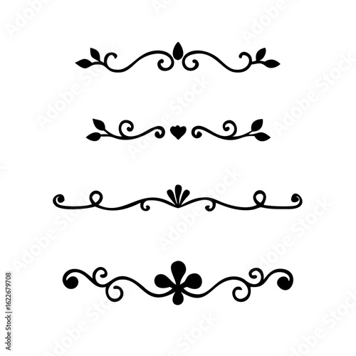 Gold text dividers doodle set. Wedding decorative elements. Divider ornament, borders, floral, vintage line separators. Hand drawn vector illustration isolated on white background. Set page dividers.	