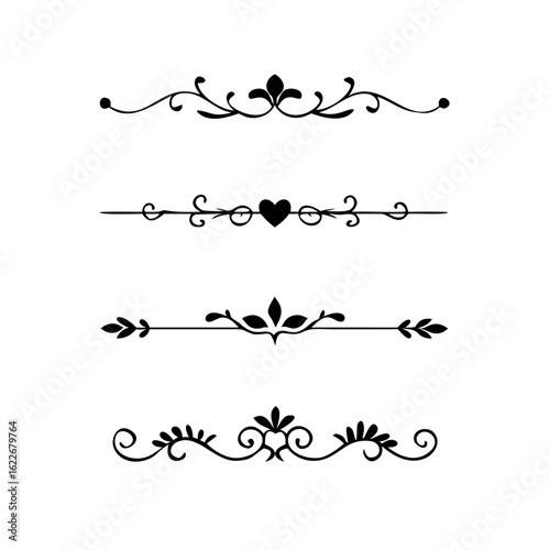 Gold text dividers doodle set. Wedding decorative elements. Divider ornament, borders, floral, vintage line separators. Hand drawn vector illustration isolated on white background. Set page dividers.	