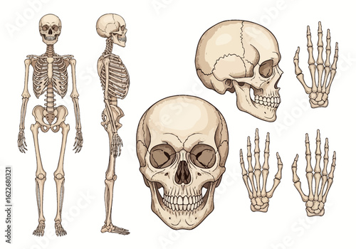 Anatomical illustration showcasing a human skeleton in front and side views, along with detailed skull and hand bone depictions.