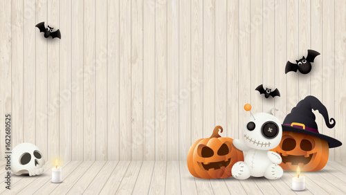 Wooden floor and wall background with cute Halloween elements decoration graphic illustration have blank space for product presentation.