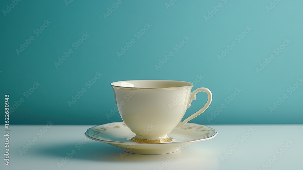 Fototapeta premium Cream-colored teacup and saucer on white surface against teal background