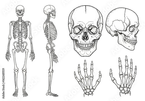 Anatomical drawing showcasing a full human skeleton from front and side views, along with detailed illustrations of the skull and hands.