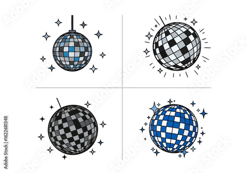 Four disco ball illustrations with varying color schemes and starburst effects, arranged in a grid pattern on a white background.
