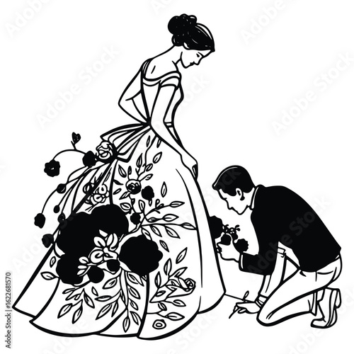 Romantic black and white illustration of a man proposing to a woman with floral gown