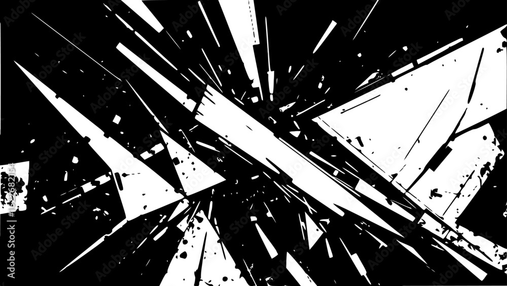 Vector art of abstract black and white explosion of sharp geometric shapes and lines, dynamic and energetic