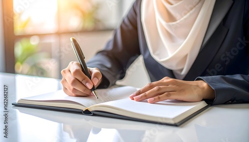 Muslim woman writing in a notebook with a pen. Concept of business planning, journaling, productivity, education, and creativity in a modern setting.