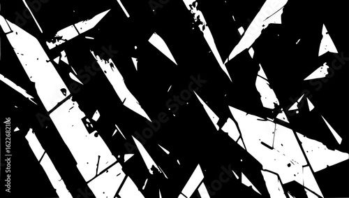 Vector art of abstract black and white geometric pattern with sharp edges and distressed texture, isolated on white background