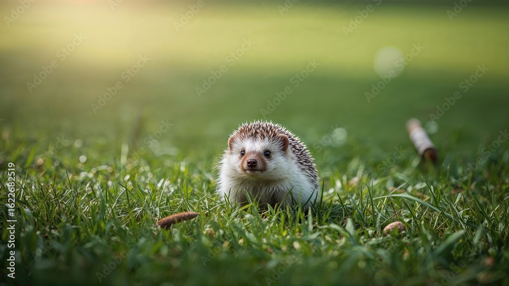 Fototapeta premium Erinaceus roumanicus hedgehog enjoying the sun on fresh green grass