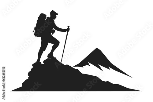 Silhouette of Hiker with Backpack Climbing Mountain Using Trekking Poles Against Mountainscape Background