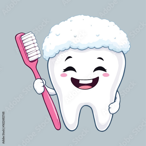 Happy Cartoon Tooth Holding Toothbrush – Cute Dental Character with Foamy Toothpaste and Light Blue Background