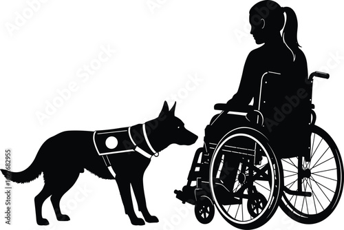 Service dog assisting person in wheelchair, disability support, mobility aid, silhouette vector, accessibility, trust, therapy animal, inclusive society, healthcare scene