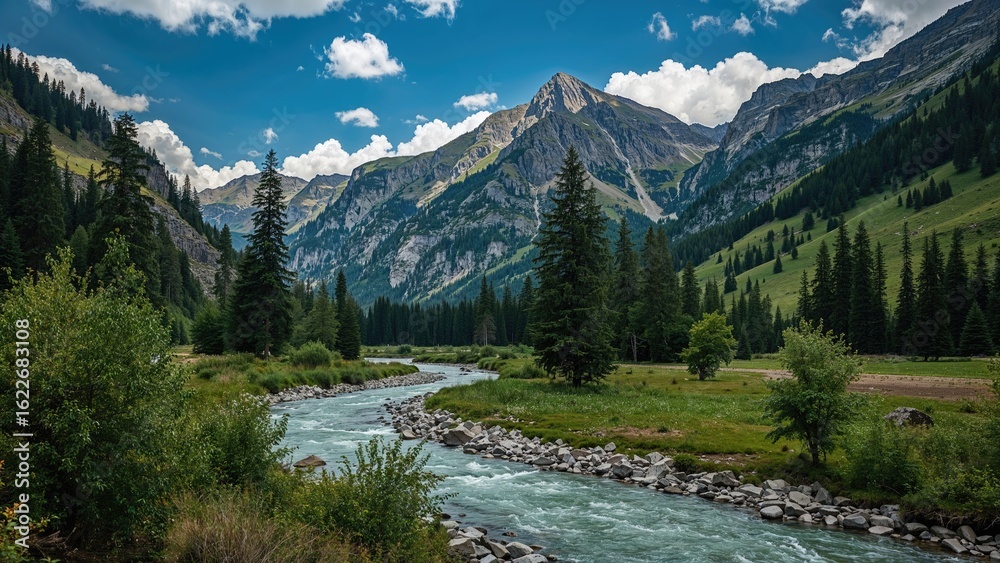 Obraz premium River winding among rugged mountain terrain