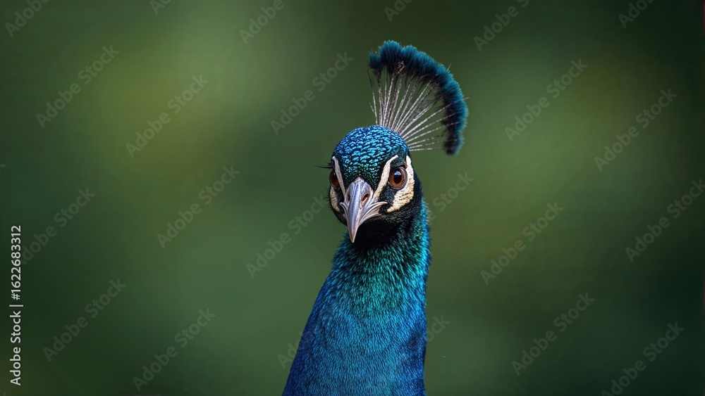 Naklejka premium Detailed portrait of a male peacock showcasing its colorful feathers while dancing