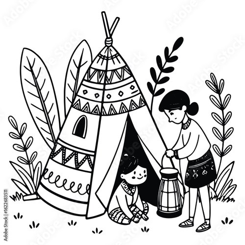 Two children playing inside a teepee with a lantern in black and white illustration