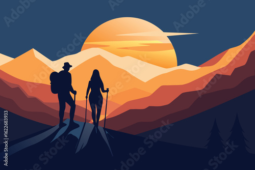 Silhouette of Hikers on Mountain Peak with Sunset Background Adventure Illustration